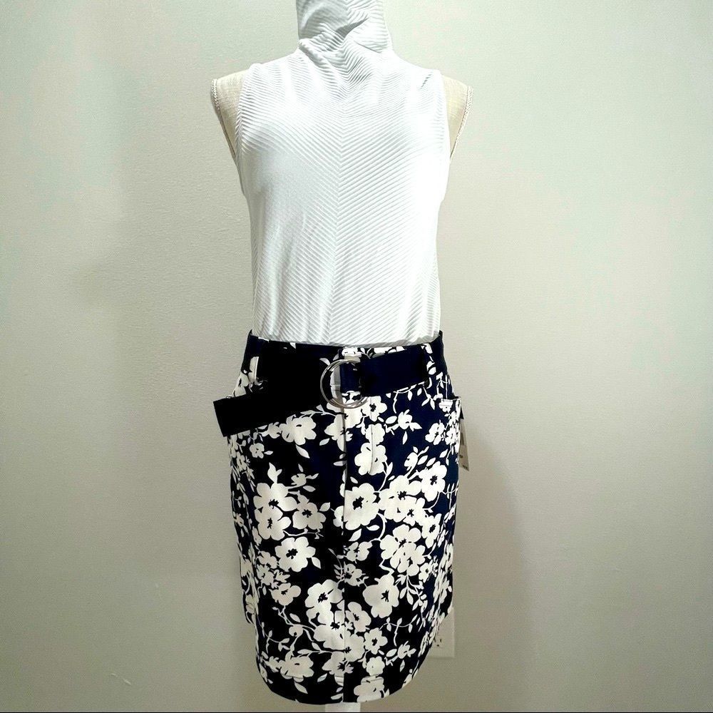 Chaps Navy and White Floral Mini Skirt with Belt